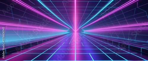 vibrant neon light tunnel in futuristic black background