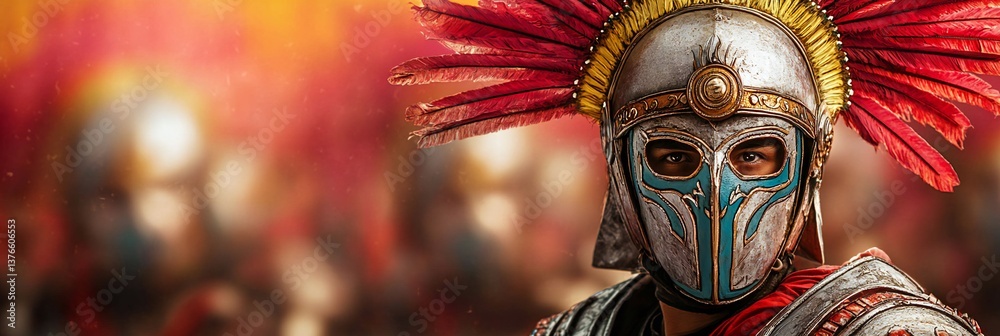 Fototapeta premium Cinco de Mayo, A Roman Centurion in ornate helmet and feathered crest stands ready for battle His ancient armor gleams The blurred background hints at a vast army