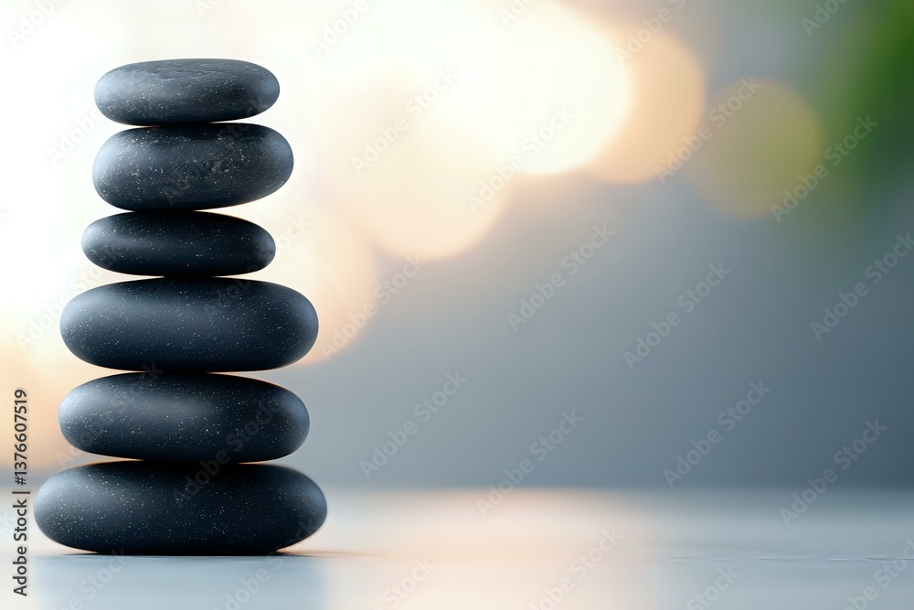Obraz premium Balanced stack of smooth black zen stones on blurred background with soft bokeh lights creating peaceful spa and meditation atmosphere.
