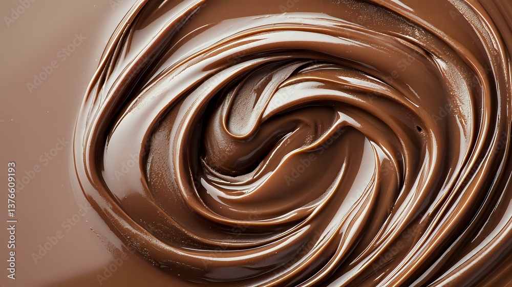 Swirling melted chocolate cream background with smooth glossy texture and rich brown spiral pattern creates appetizing dessert backdrop for food photography. Swirling melted chocolate cream background with smooth glossy texture and rich brown spiral pattern creates appetizing dessert backdrop for food photography.