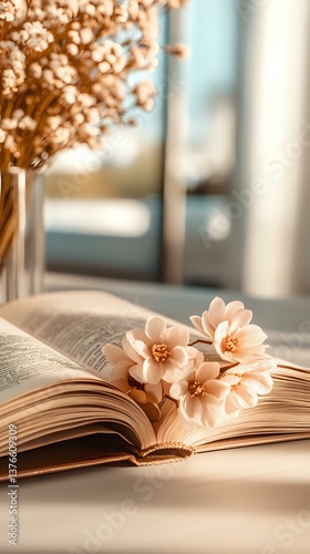 Open book with delicate peach blossoms resting on pages, bathed in warm sunlight. Soft focus background with dried flowers in vase creates romantic reading atmosphere.