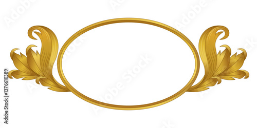 Luxurious oval gold frame with baroque floral swirls and vintage ornament. Elegant decorative border for invitations, antique cards, royal design, monograms, and premium projects