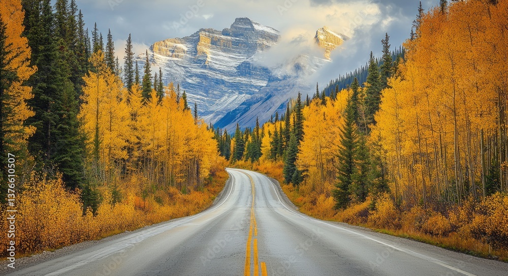 Vibrant Autumn Hues Along the Icefields Parkway in Banff National Park, Alberta â€“ A Golden Leaf Experience in the Canadian Rockies