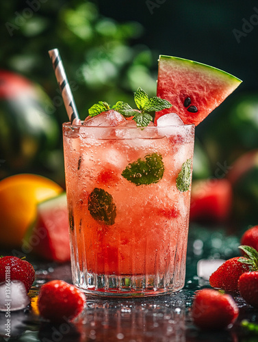 Refreshing watermelon mint cocktail with strawberries