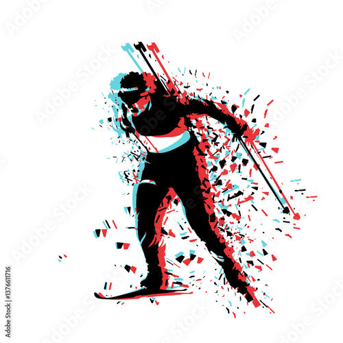Biathlon race, glitch effect, isolated vector silhouette. Biathlon racer logo