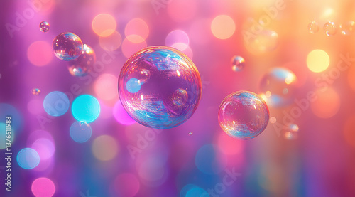 Floating colorful soap bubbles against a vibrant rainbow background