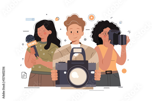 Journalism. Cartoon characters with cameras and microphones. Mass media, television, interview, breaking news, press conference concept. Flat vector