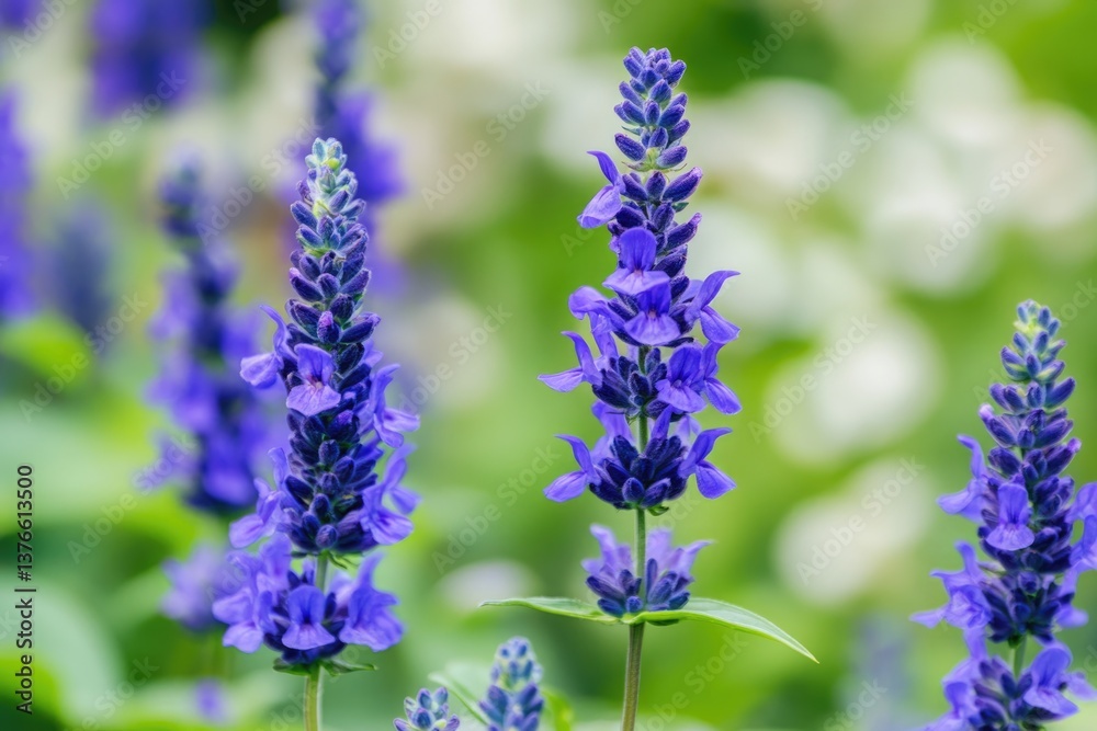 Fototapeta premium Vibrant Blue Salvia Blossoms in a Lush Garden Setting with Green and White Accents