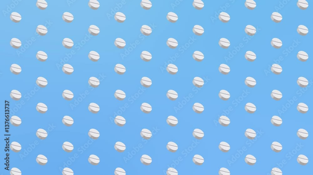 Seamless pattern with blue pills. Looped animation of rotating white tablets on a light blue background. Patterned backdrop. Animation of 3D white pills. 4K Seamless pattern with blue pills. Looped animation of rotating white tablets on a light blue background. Patterned backdrop. Animation of 3D white pills. 4K