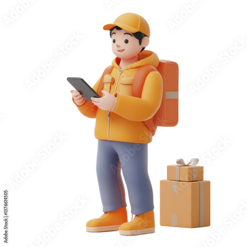 A character checking a package tracking status on a smartphone, trendy 3D illustration, UI friendly