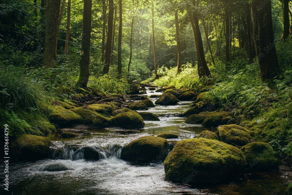 Fototapeta premium Stream Flowing Through a Mossy Forest with Sunlight Streaming Through Trees