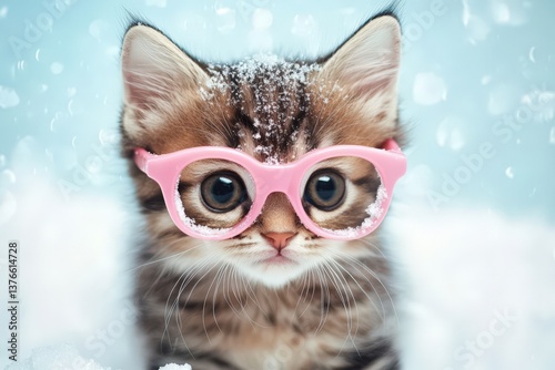 A cute kitten wearing pink glasses with snowflakes on its head