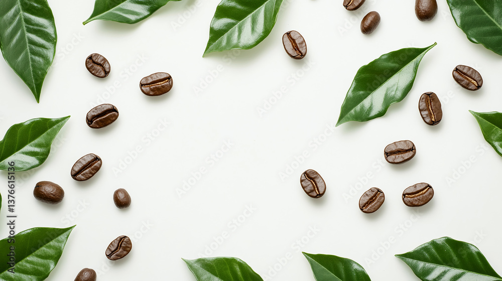 Coffee beans and green leaves arranged around a white space, creating a frame ideal for text or branding Mockup, showcasing coffee product or beverage Coffee beans and green leaves arranged around a white space, creating a frame ideal for text or branding Mockup, showcasing coffee product or beverage