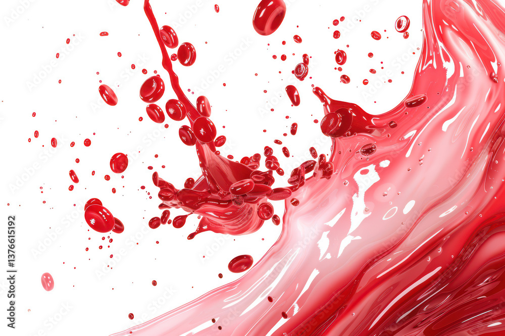 Close up view of a red liquid splash and red cells isolated on transparent background Close up view of a red liquid splash and red cells isolated on transparent background