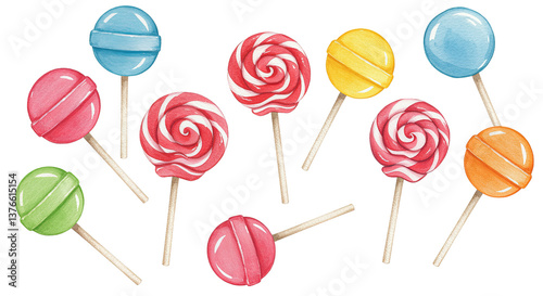 Set of colourful sweet lollipop candies on sticks, swirl and oval designs included, watercolour clipart illustration isolated on a transparent background
