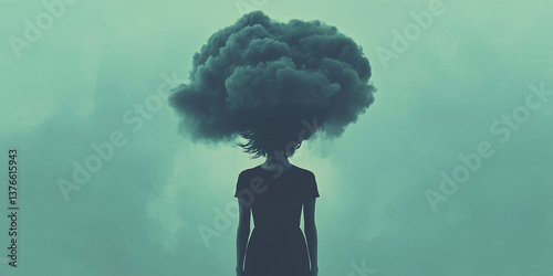 Silhouette of woman with dark cloud as hair, set against a teal background, symbolizing mental health, anxiety, or overwhelming thoughts