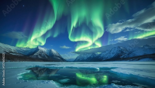 Wallpaper Mural majestic mountain lake with green aurora borealis reflection Torontodigital.ca