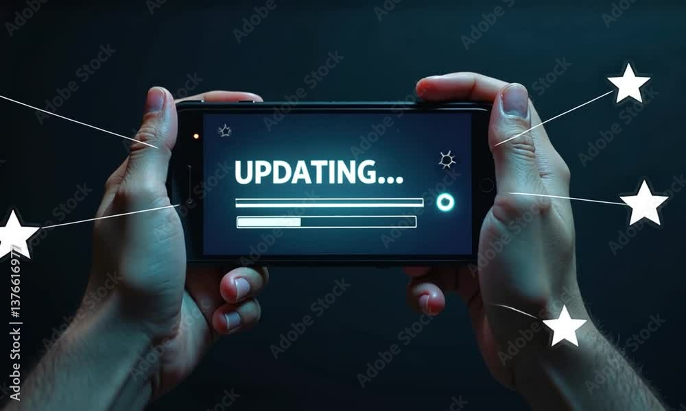 Operating system upgrade concept, installation app and software update process, modernize user equipment, update modern functions, developer released new version Improved security. User is downloading