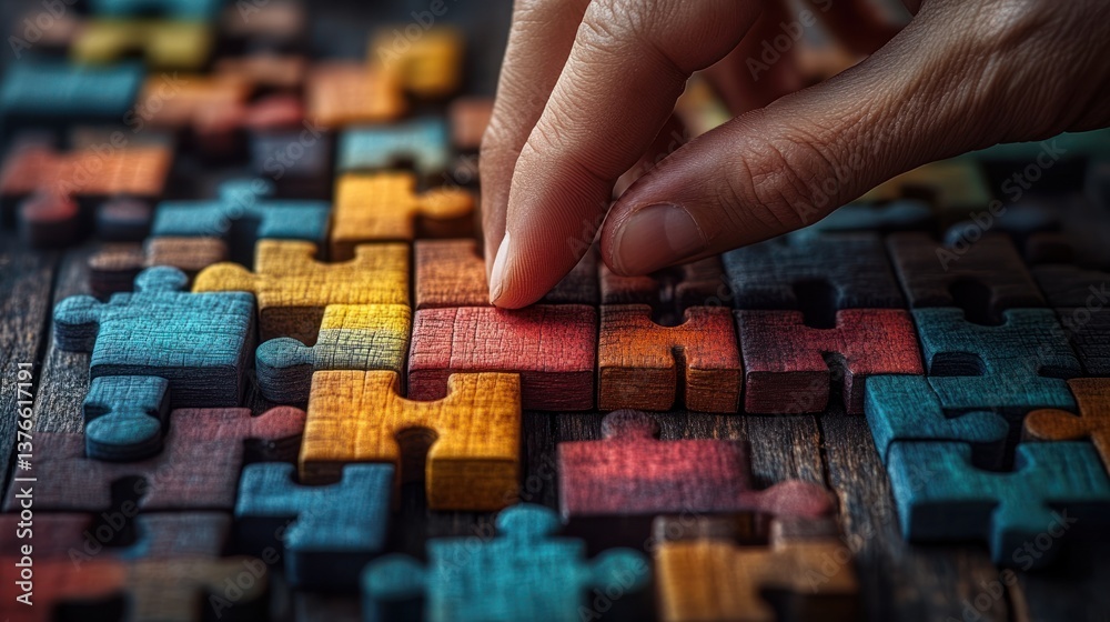 Fototapeta premium Hand placing colorful wooden puzzle piece.