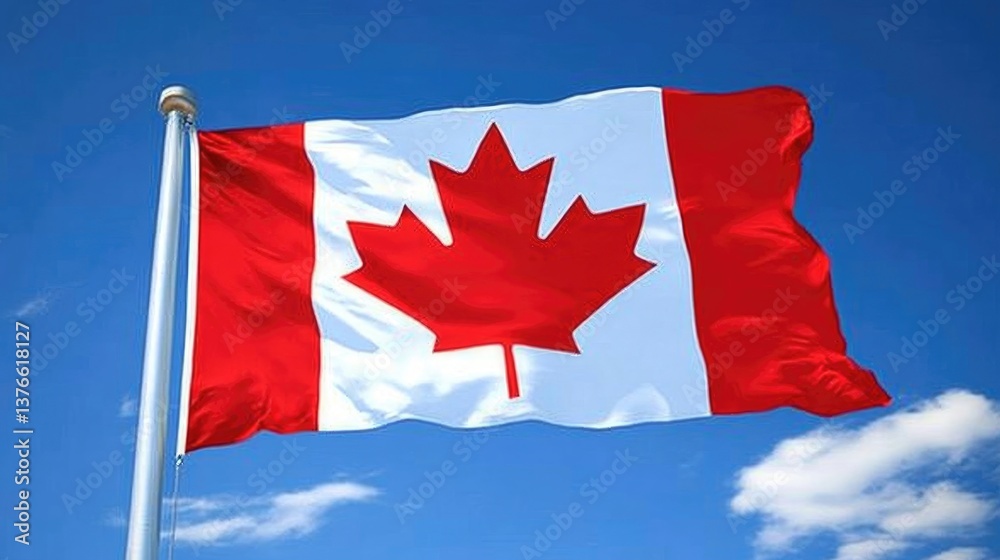 The Canadian flag against a bright, cloudless blue sky with a distant horizon The Canadian flag against a bright, cloudless blue sky with a distant horizon