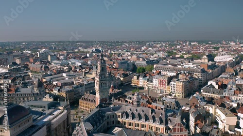 Skyline of Lille (Hauts-de-france, Flanders, France): Aerial view of the historical Grand Place du Général-de-Gaulle, old town main square. 
