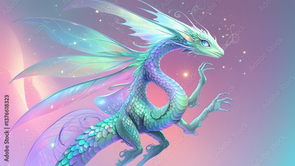 Obraz premium Ethereal Dragon with Colorful Scales and Delicate Wings
