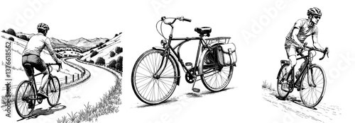 Set of Vintage black and white sketch of touring bicycle with saddlebags  