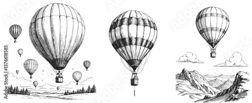 Set of Vintage black and white sketch of hot air balloons in the sky  