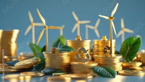 sustainable finance concept: pile of coins with wind turbines