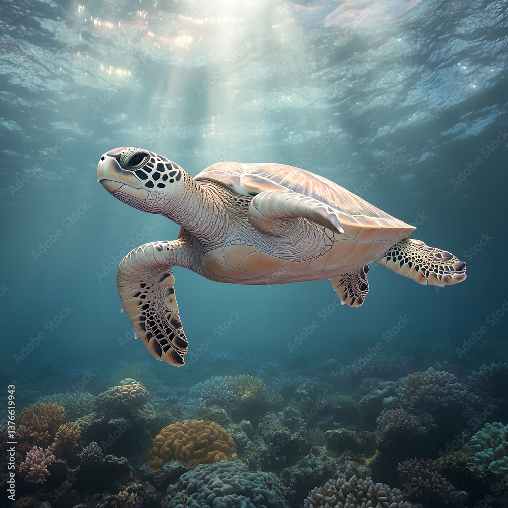 Fototapeta premium Sea Turtle in Coral Reef Sunlight