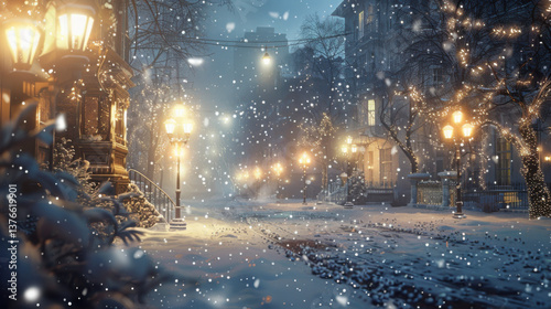 Snowy night scene, street lights bright.