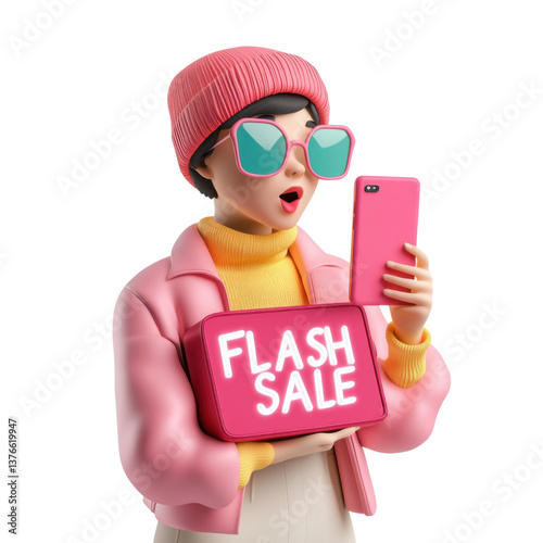 A trendy 3d illustration of character looking at their smartphone with a focused expression. Above their head, a zigzag-shaped comic-style speech bubble with the text 