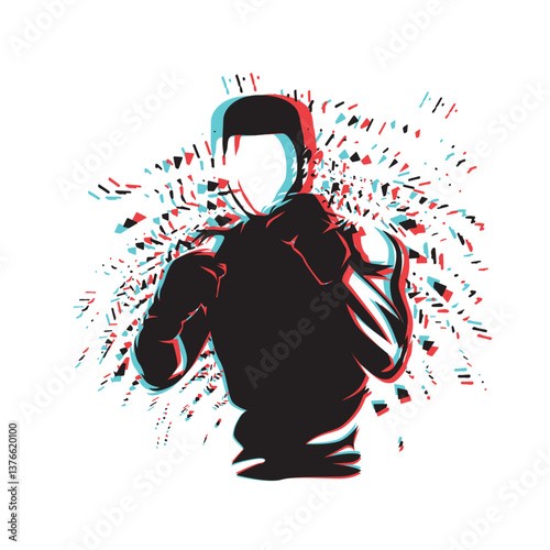 Fighter logo with glitch effect, boxing isolated vector illustration, ink drawing. Front view, boxing