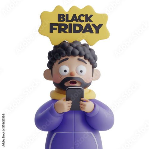 A trendy 3d illustration of character looking at their smartphone with a focused expression. Above their head, a zigzag-shaped comic-style speech bubble with the text 