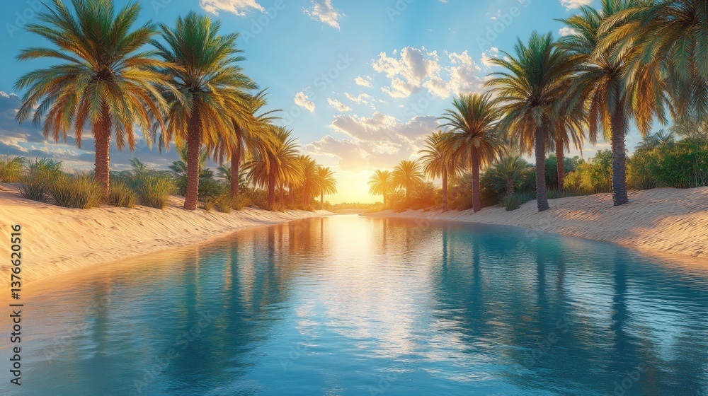 Obraz premium Serene oasis sunset with palm trees and calm water.