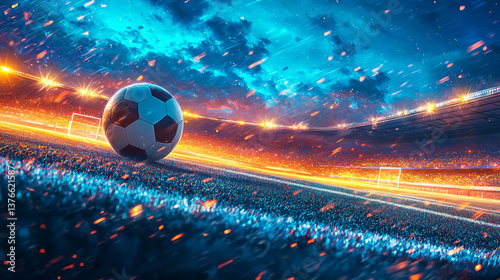 Fototapeta Naklejka Na Ścianę i Meble -  An abstract design featuring a football on a field with a blue sky and stadium lights, ideal for a sports-themed background or wallpaper