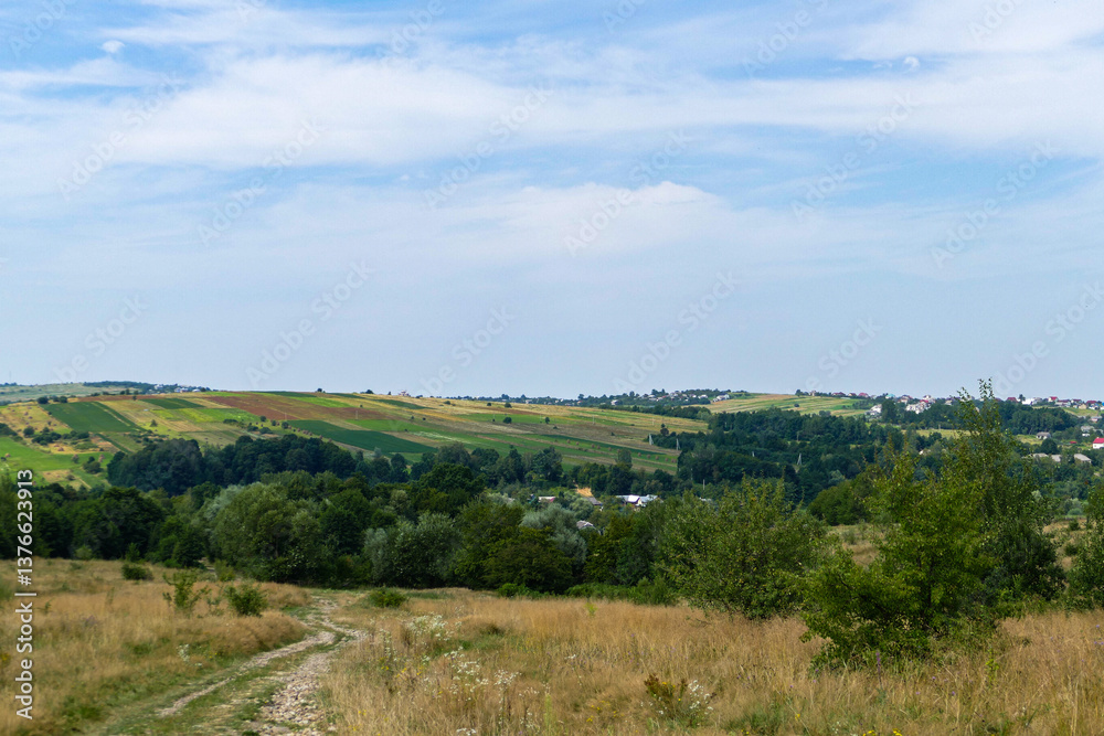 country road, outside the village, warmth, green leaves, trees, fields, meadows, panorama, travel, Europe, Ukraine, background blue sky, excursion, hike, grass, path, landscape country road, outside the village, warmth, green leaves, trees, fields, meadows, panorama, travel, Europe, Ukraine, background blue sky, excursion, hike, grass, path, landscape