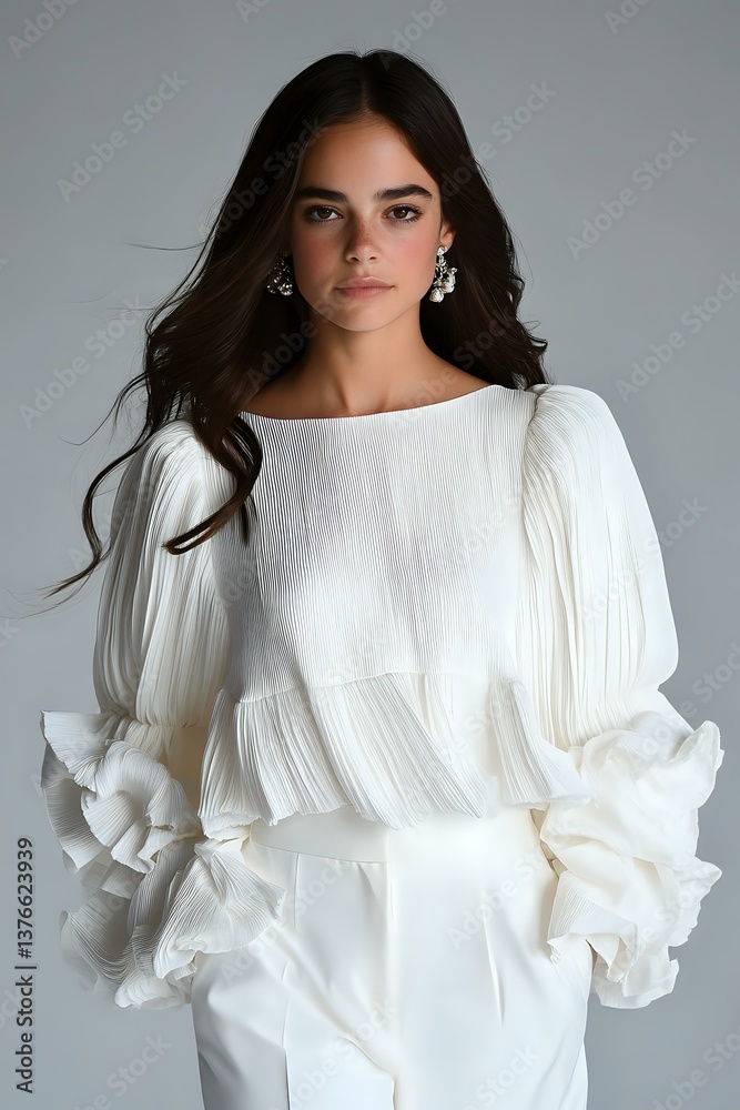 Young Hispanic woman in elegant white ruffled blouse with dramatic puff sleeves and layered details against gray background, fashion portrait with flowing dark hair.