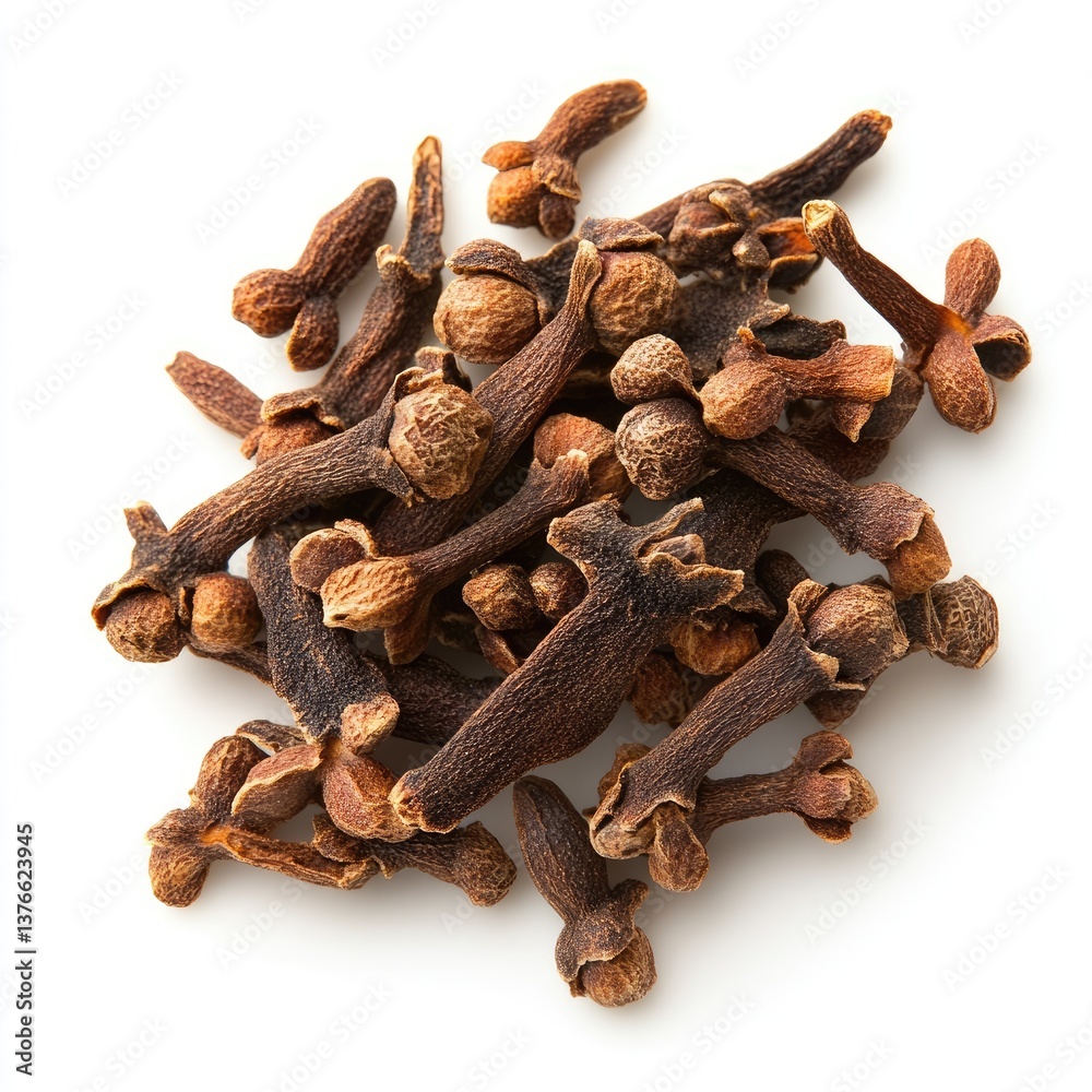 Fototapeta premium Aromatic brown cloves, a dry spice heap isolated on white, used as a cooking ingredient