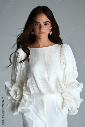 Obraz na płótnie Young Hispanic woman in elegant white ruffled blouse with dramatic puff sleeves and layered details against gray background, fashion portrait with flowing dark hair. w salonie