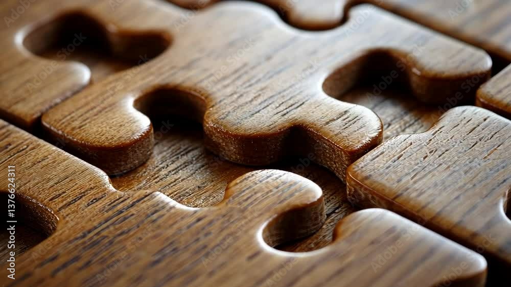 Detailed view of wooden puzzle pieces fitting together on a textured surface