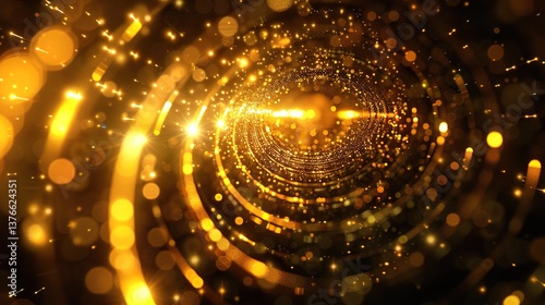 Dark Gold-Yellow Glowing Particle Circle with Light Ray Effects – Abstract Background Creating a Mystical, Radiant Atmosphere for Design, Art, and Visual Projects

