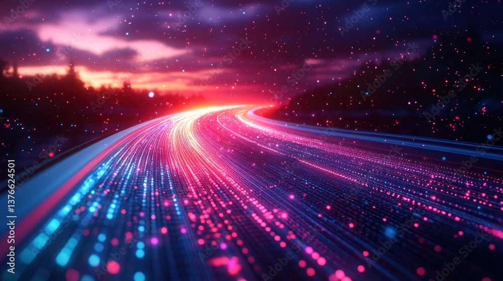 Obraz premium Glowing digital highway at sunset.