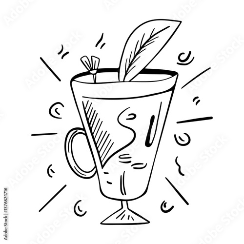 Black outline sketch design cocktail with fruit. Summer festival and party vibe. Cocktails shaker, glass and straw. Juicy drink 