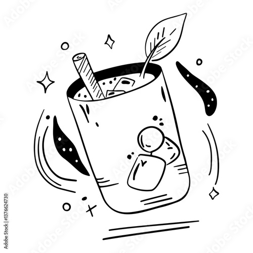 Black outline sketch design cocktail with fruit. Summer festival and party vibe. Cocktails shaker, glass and straw. Juicy drink 