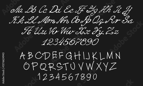 Uppercase and block letters of the English alphabet, as well as numbers from 1 to 0, written by hand. Doodles and squiggles. Vector set