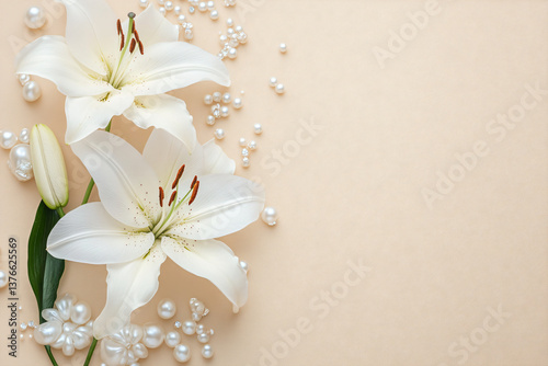 Elegant Celebration Banner with Lily Flowers on Warm Pastel Background – Text Space for Copy