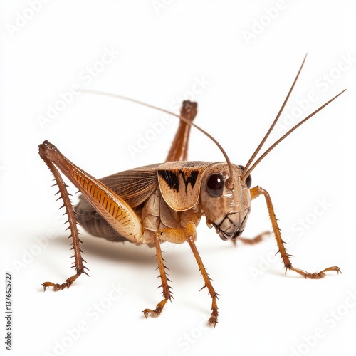 Brown Cricket Closeup on White Background Detailed Insect Macro Photography