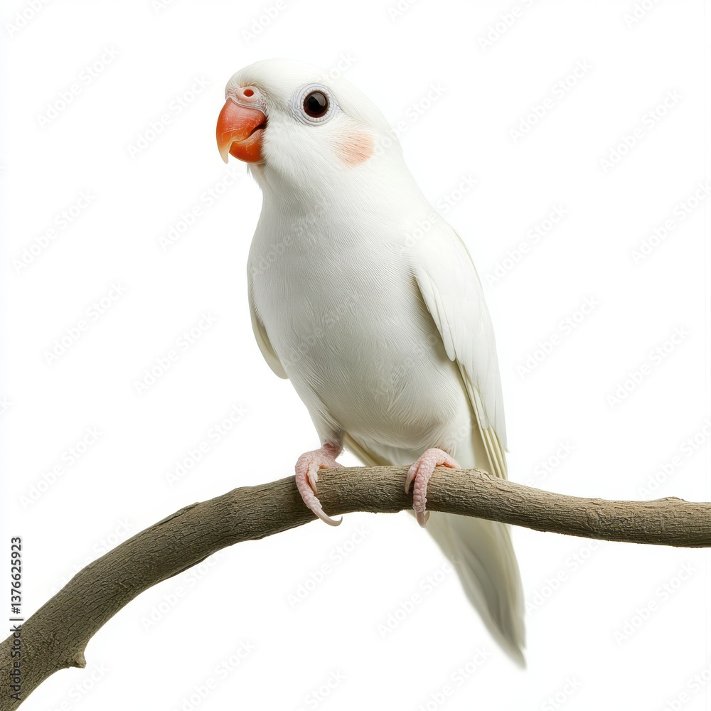 White Parrot Perched on a Branch Against a White Background White Parrot Perched on a Branch Against a White Background