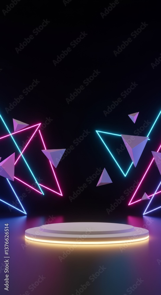 Fototapeta premium Futuristic product display podium illuminated by vibrant neon geometric shapes